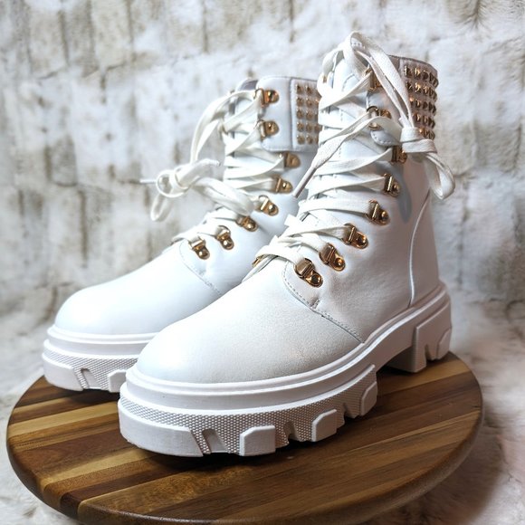 * Mata Shoes White Vegan Leather Studded Detail Fashion Combat Ankle Boots - Picture 12 of 15